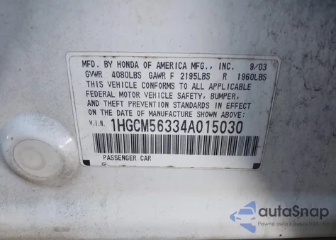 2004 Honda Accord 2.4 Lx z USA, uszkodzony, nr VIN 1HGCM56334A015030